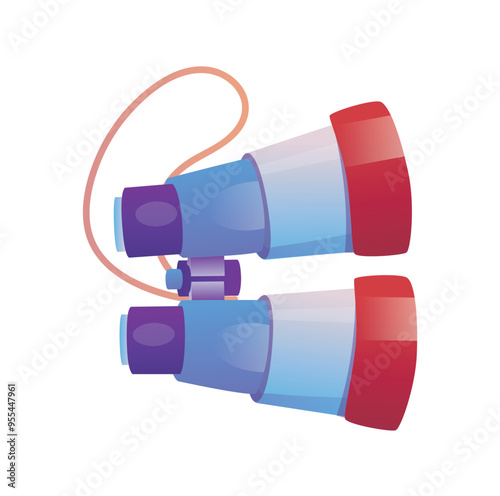 A vector illustration showing a pair of modern binoculars with a mix of red and blue accents on a white background flat vector illustration