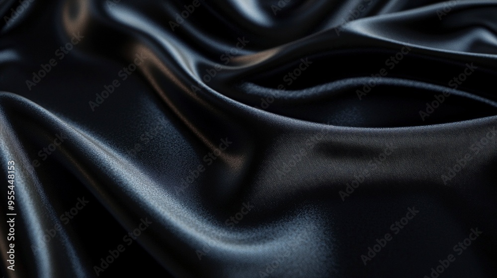 Close-up of a smooth, slightly reflective black fabric showcasing its texture and subtle lighting highlights, creating an elegant and sleek appearance. Close-up of a smooth, slightly reflective black fabric showcasing its texture and subtle lighting highlights, creating an elegant and sleek appearance.