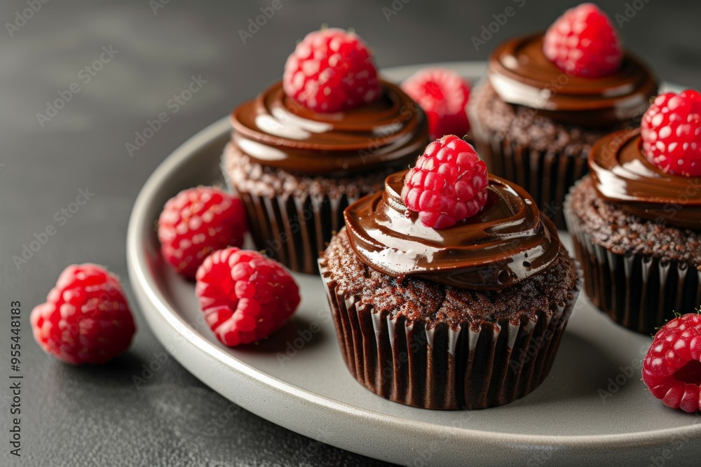 Decadent chocolate cupcakes topped with smooth chocolate frosting and fresh raspberries, served on a dark plate, ready to delight. Decadent chocolate cupcakes topped with smooth chocolate frosting and fresh raspberries, served on a dark plate, ready to delight.