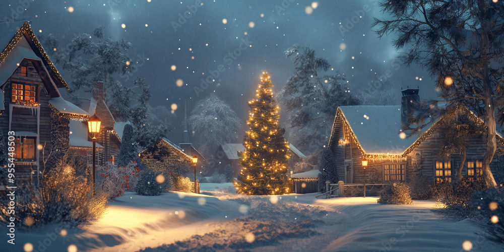 Traditional Christmas village, snow falling, festive tree
Traditional Christmas village, snow falling, festive tree