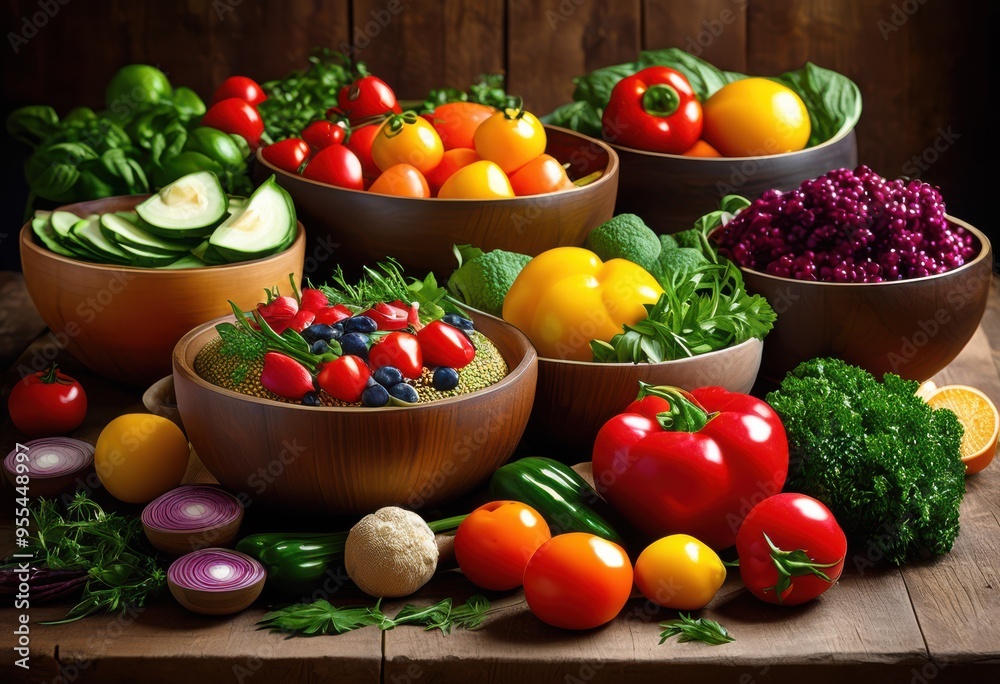 colorful bowls overflowing fresh ingredients artistically arranged eye catching presentation, display, freshness, arrangement, vegetable, fruit, salad