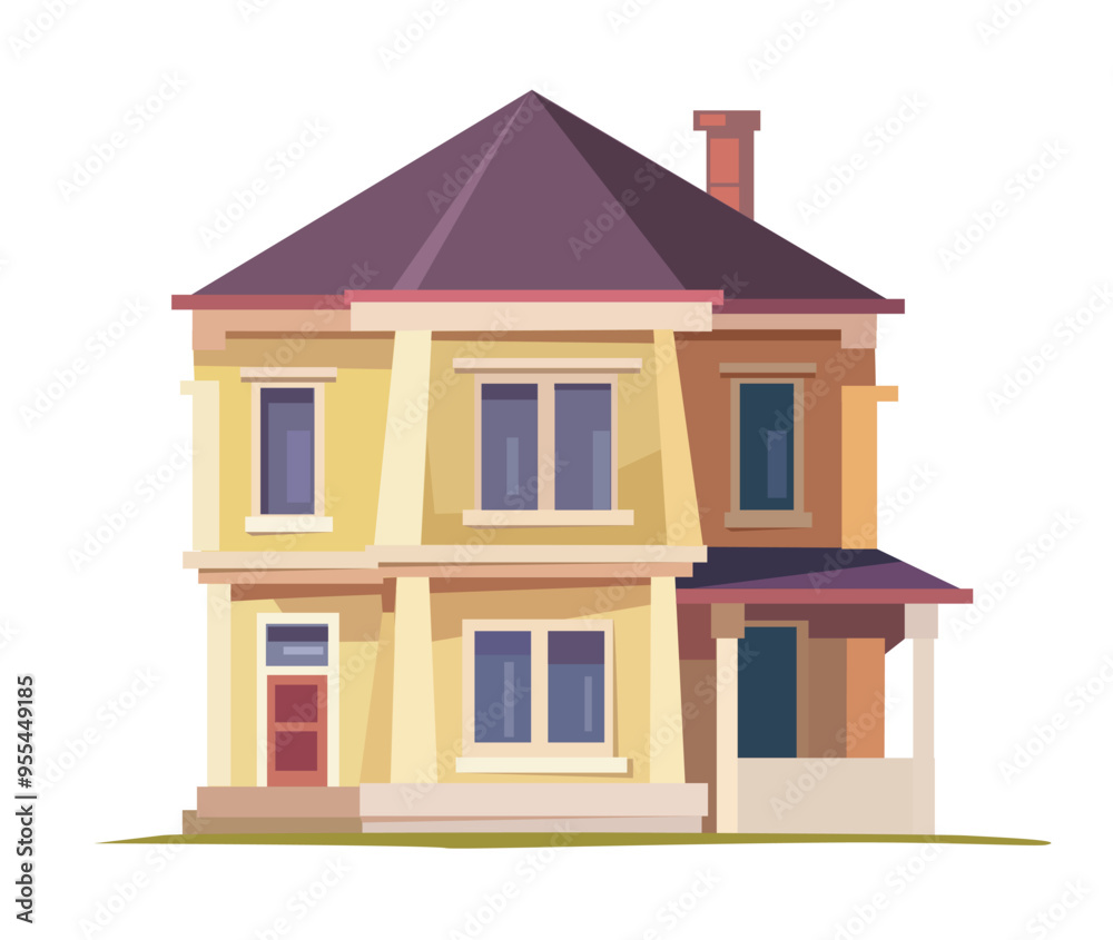 stylized house flat vector illustration of a yellow house with a red door and brown roof the house features multiple windows a front porch and chimney vibrant colors and simple shapes stylized house flat vector illustration of a yellow house with a red door and brown roof the house features multiple windows a front porch and chimney vibrant colors and simple shapes