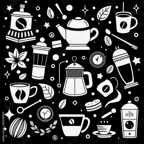 realistic coffee background with household items for making fragrant coffee circled with a white marker on a black background.