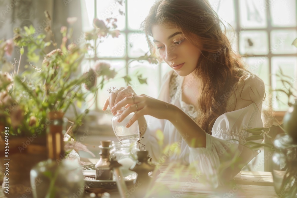 Beautiful woman holding perfume bottle at table Beautiful woman holding perfume bottle at table