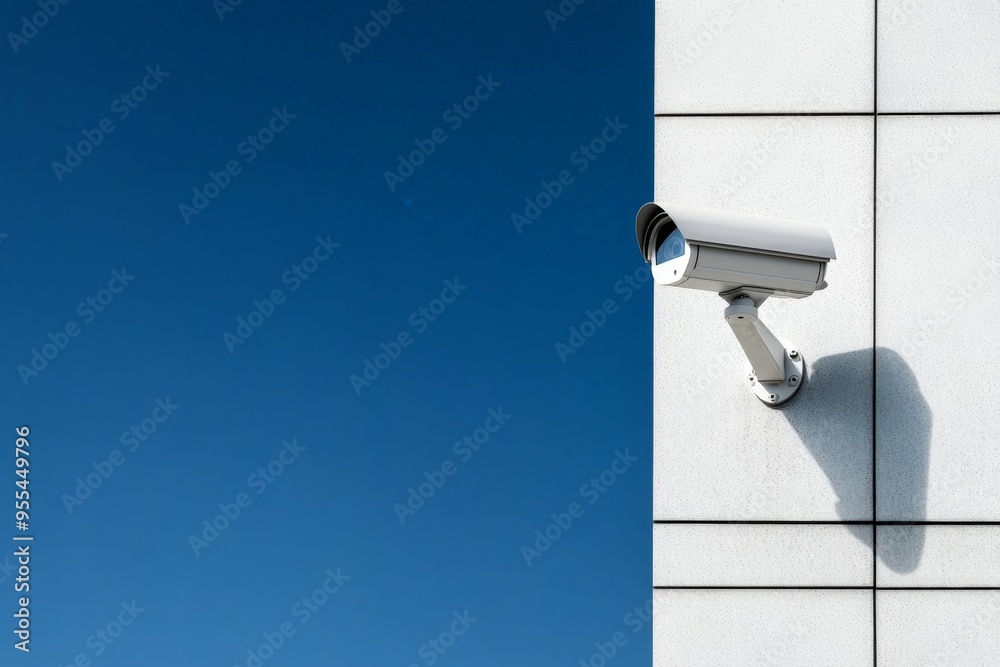 Modern Surveillance Camera on Building Facade against Clear Blue Sky Modern Surveillance Camera on Building Facade against Clear Blue Sky