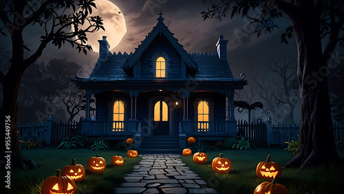 Halloween Spooky night House Full Moon Over Haunted Graveyard background photo