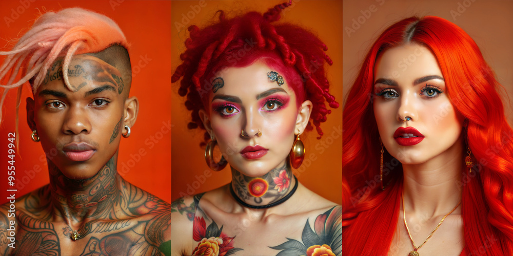 Fototapeta premium Collage of young multiethnic people with tattoo, piercing and colorful hairs on red background