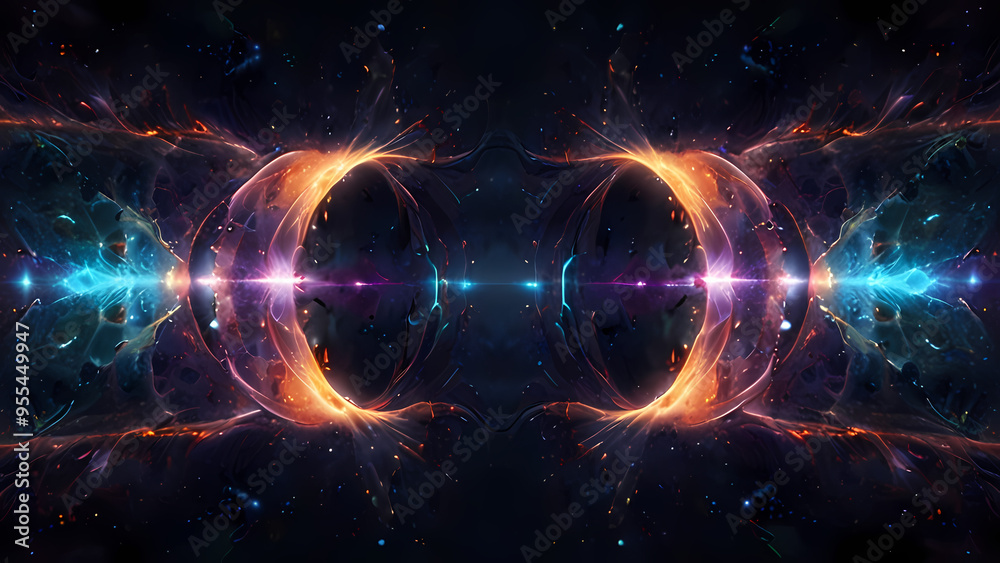 Obraz premium An abstract digital illustration representing positive and negative ions in a cosmic field, with vibrant electric arcs and glowing particles, creating a sense of energy flow and balance