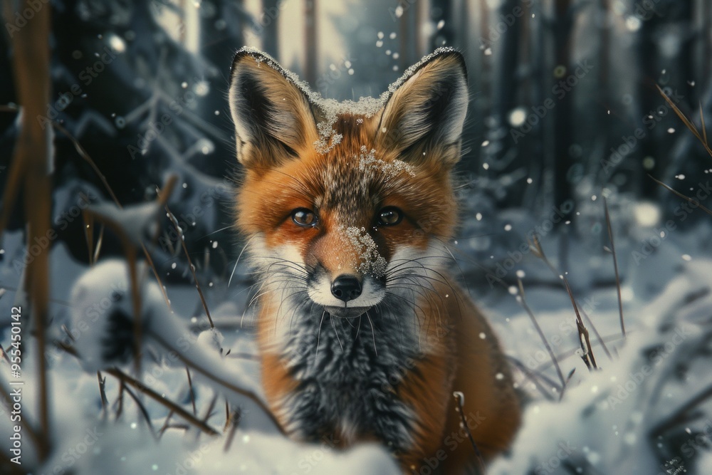 Obraz premium little baby fox in a winter forest