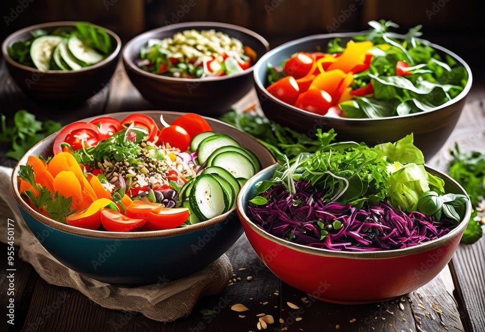 colorful nutritious bowls wholesome salads featuring fresh ingredients vibrant vegetables healthy meal, nutrition, leafy, green, carrot, tomato, cucumber