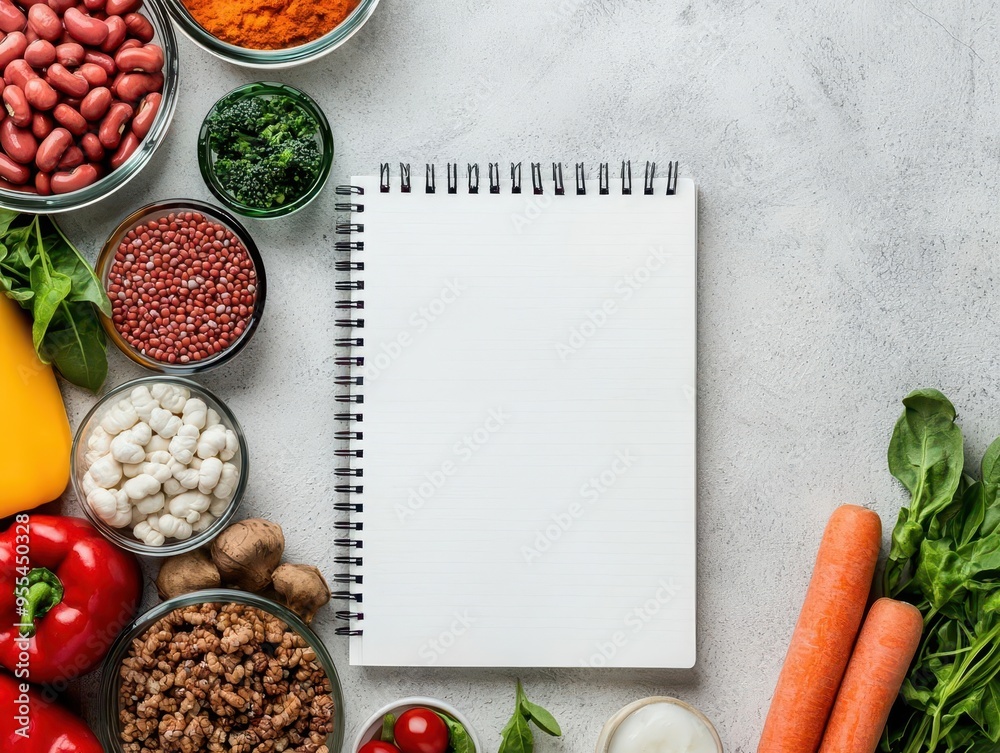 A gut health journal with prebiotic and fiber tips, flat lay, artistic doodles, pastel colors A gut health journal with prebiotic and fiber tips, flat lay, artistic doodles, pastel colors