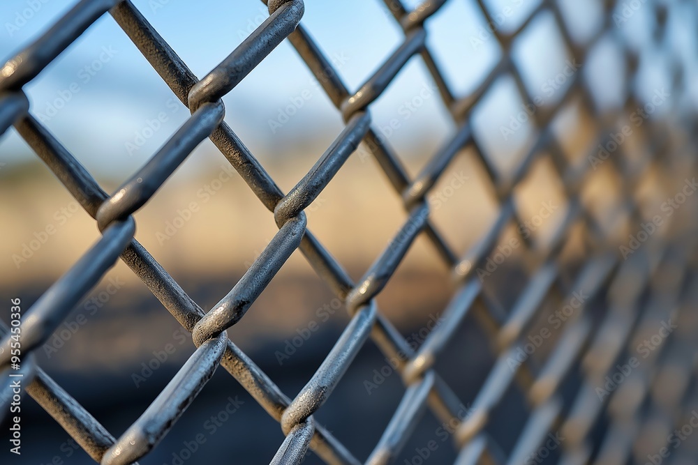 Fototapeta premium A detailed close-up image of a metal chain link fence, showcasing the texture and metallic resilience under the sun.
