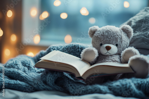 teddy bear reading a book on a sofa