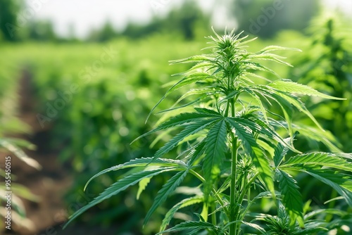 A healthy green cannabis plant standing tall in a well-lit field, showcasing the plant's natural beauty and vitality. photo