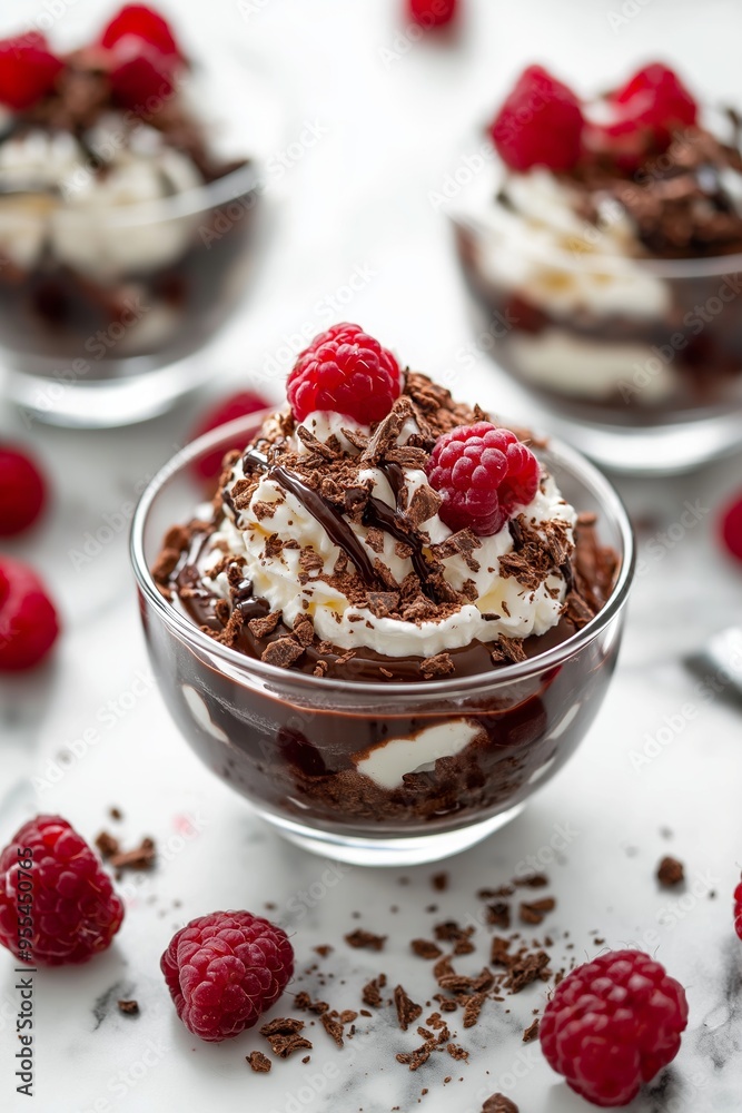 Dark chocolate parfait topped with whipped cream, raspberries, and chocolate shavings elegantly presented in a glass cup. Dark chocolate parfait topped with whipped cream, raspberries, and chocolate shavings elegantly presented in a glass cup.