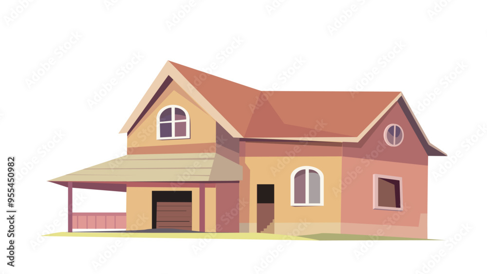 Two story house flat vector illustration with a unique architectural design featuring a yellow base and a red roof depicting a typical suburban residence Two story house flat vector illustration with a unique architectural design featuring a yellow base and a red roof depicting a typical suburban residence