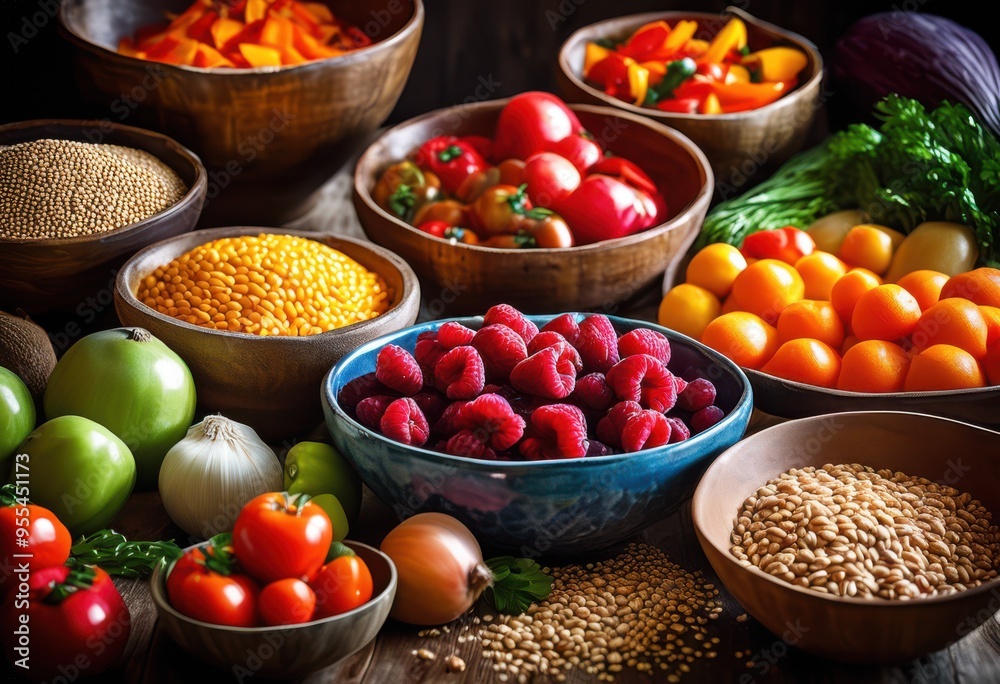 vibrant bowls brimming fresh ingredients under bright lighting showcasing colorful grains, vegetable, fruit, freshness, healthy, nutrition, meal, dish