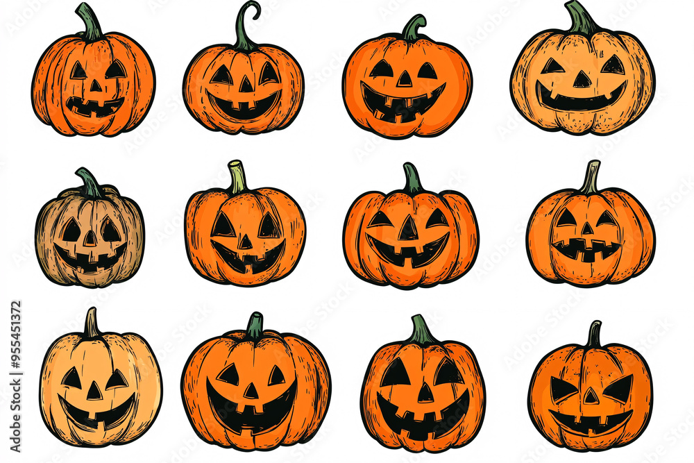 A collection of twelve jack-o'-lantern illustrations with various expressions, capturing the Halloween spirit A collection of twelve jack-o'-lantern illustrations with various expressions, capturing the Halloween spirit