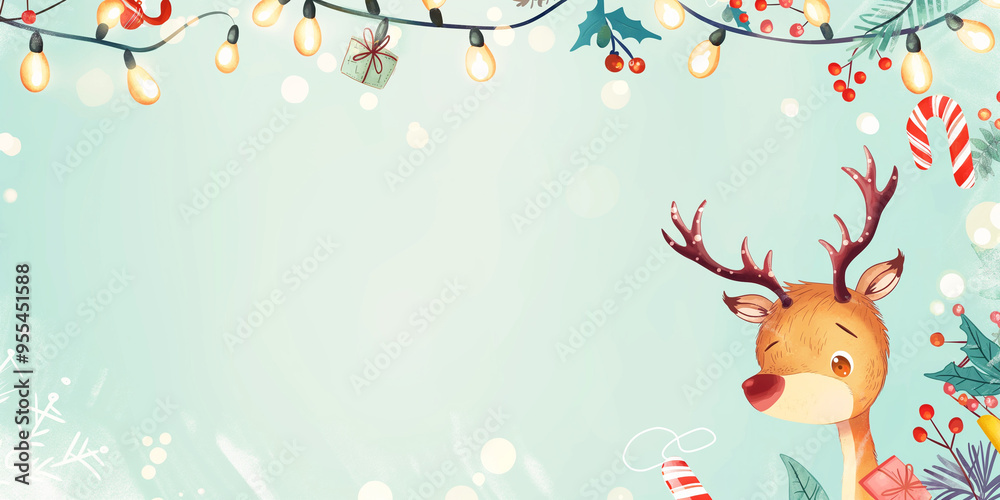 Fototapeta premium Cute reindeer with Christmas lights and treats, pastel background, text-friendly 