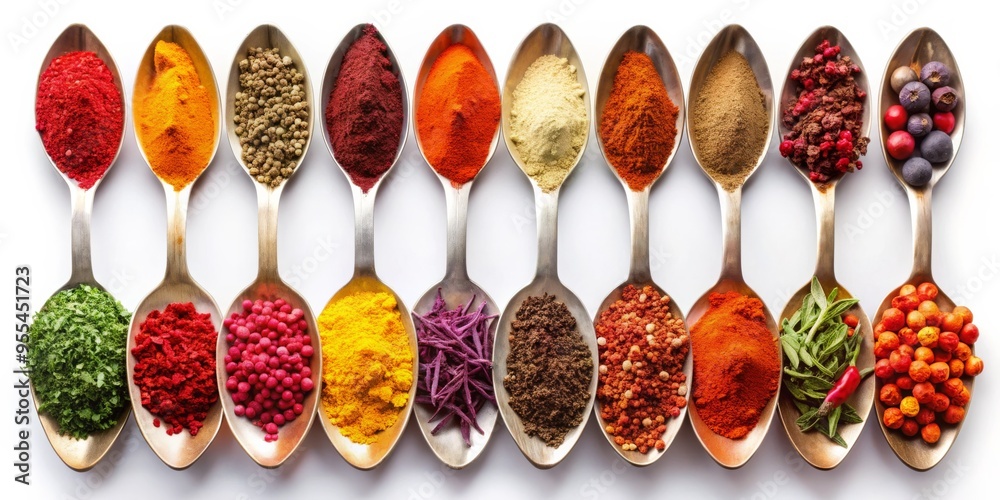 Fototapeta premium Aromatic Spice Symphony A Collection of Vibrant Spices in Spoons, spice, food, flavor , culinary
