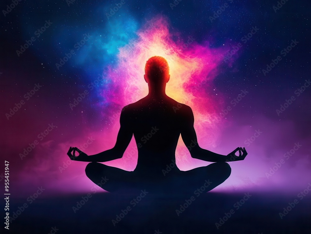 A person meditating with a glowing prebiotic aura around their body, surreal, light trails, glowing colors A person meditating with a glowing prebiotic aura around their body, surreal, light trails, glowing colors