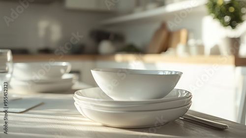 Minimalist Table Setting: Elegant white dishes set in a modern kitchen or dining room. photo