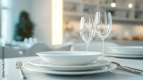 Minimalist Table Setting: Elegant white dishes set in a modern kitchen or dining room. photo