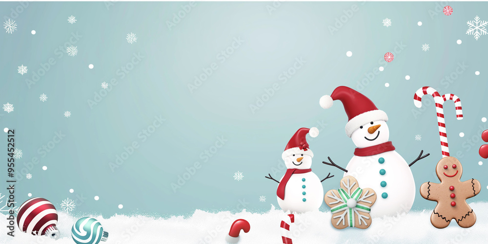 Cute Christmas design illustration background with cute snowmen, candy canes, and gingerbread cookies, sage background design
Cute Christmas design illustration background with cute snowmen, candy canes, and gingerbread cookies, sage background design