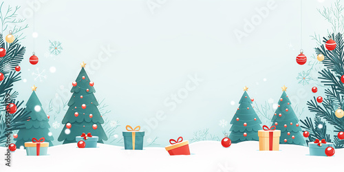 Light blue background with cartoon Christmas trees, ornaments, gifts, room for text
