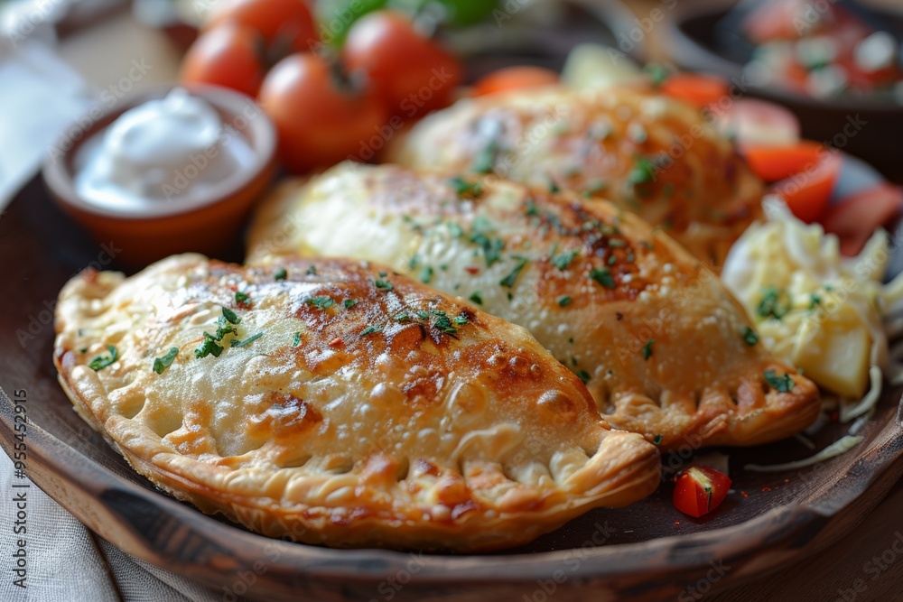 Delicious baked empanadas served with fresh garnishes, offering a savory and satisfying meal with a golden crust.