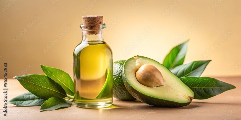 Avocado Oil in Glass Bottle with Fresh Avocado, Green Leaves, Close-Up, Natural Beauty, avocado oil , skin care , natural ingredients