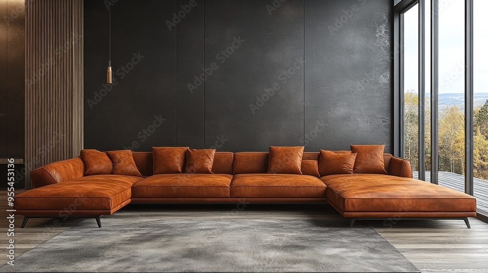 A spacious living room showcases a large, cozy brown sofa A spacious living room showcases a large, cozy brown sofa