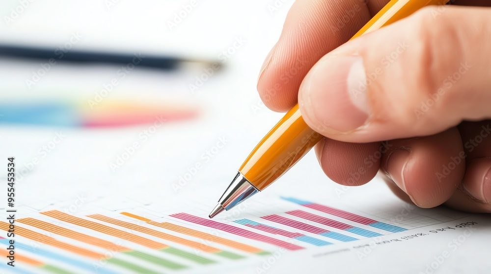 Close-up of a person analyzing data graphs with a yellow pencil, focusing on colorful charts for business or financial analysis. Close-up of a person analyzing data graphs with a yellow pencil, focusing on colorful charts for business or financial analysis.