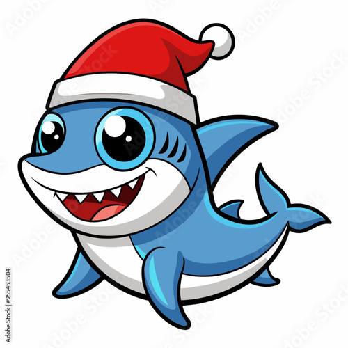 Playful Christmas Baby Shark in Santa Hat & Sunglasses – Vector Clipart on White Background