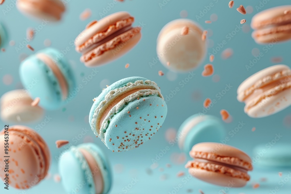 A whimsical composition of pastel-colored macarons floating mid-air, showcasing their delicate texture and vibrant colors against a soft blue background. A whimsical composition of pastel-colored macarons floating mid-air, showcasing their delicate texture and vibrant colors against a soft blue background.