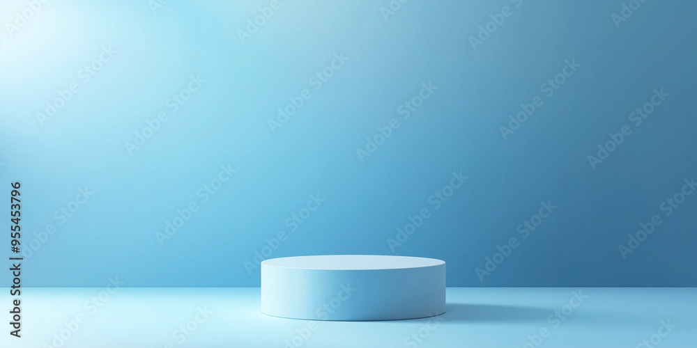 Empty podium or pedestal display on blue background with cylinder stand concept. Blank product shelf standing backdrop. 3D rendering. Empty podium or pedestal display on blue background with cylinder stand concept. Blank product shelf standing backdrop. 3D rendering.