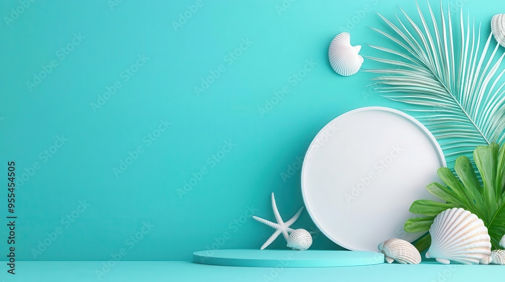 3d Mock up Light teal podium with oceanic motifs and seashell textures Pedestal stage for summer product presentation Breezy scene for advertising Sale promotion background 3d Mock up Light teal podium with oceanic motifs and seashell textures Pedestal stage for summer product presentation Breezy scene for advertising Sale promotion background