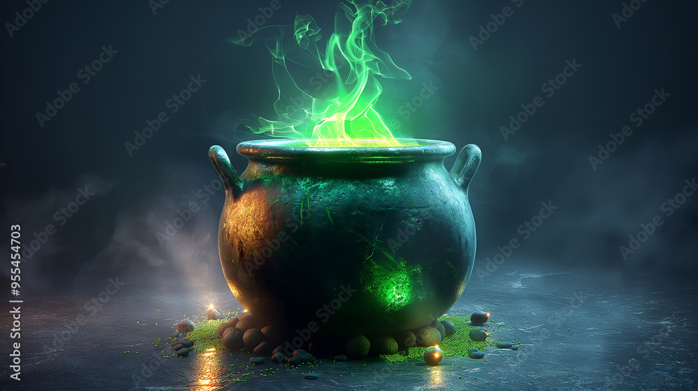 Close-Up of a Spooky Halloween Cauldron with Eerie Green Steam. Close-Up of a Spooky Halloween Cauldron with Eerie Green Steam.