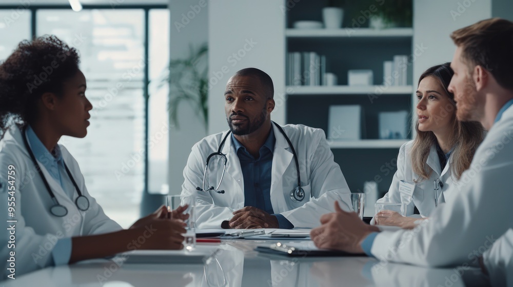 Multiracial medical team discussing in a conference room, stock photo with space for additional elements. Multiracial medical team discussing in a conference room, stock photo with space for additional elements.