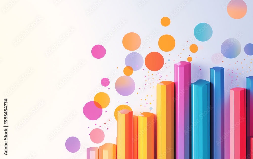 Colorful abstract 3D bar graph with circular elements, illustrating data visualization on a light background. Colorful abstract 3D bar graph with circular elements, illustrating data visualization on a light background.