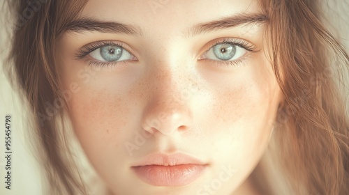 A woman with blue eyes and a light brown hair