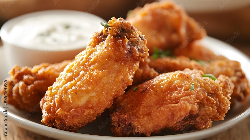 A close-up of a plate of crispy chicken wings with a side of ranch dressing A close-up of a plate of crispy chicken wings with a side of ranch dressing