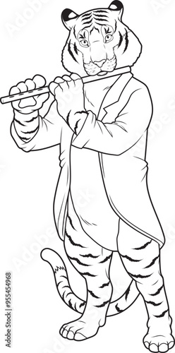 Tiger Musician Flute Music Animal Vector Graphic Art Illustration