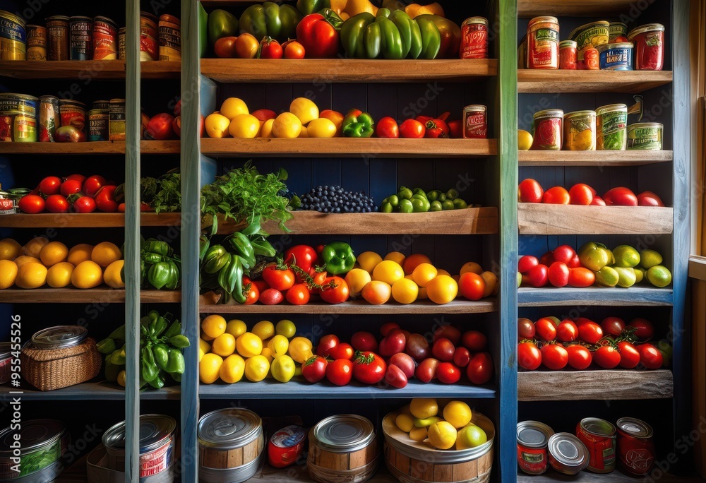 colorful food pantry shelves displaying variety fresh ingredients canned goods vibrant arrangement, abundance, accessibility, assortment, collection