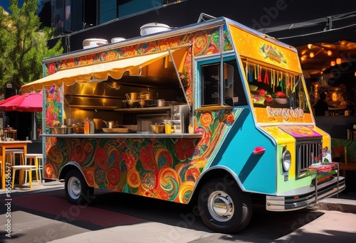vibrant food truck offering colorful dishes lively ambiance bright decorations mouthwatering culinary creations, artisanal, appetizing, autumn, cheerful