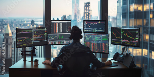 Trading charts on monitors, professional trader, city view
