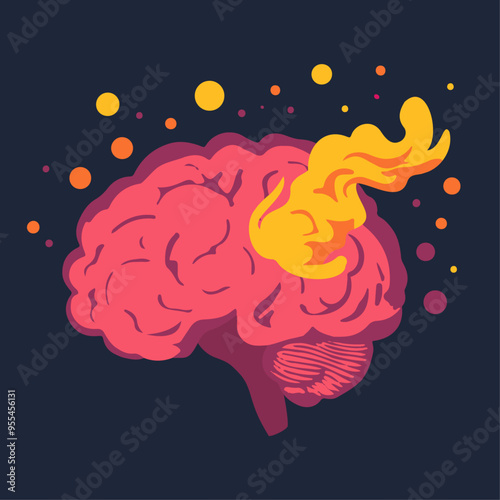 Brain inflammation. Mental health problems. Stressed brain in fire. Medical vector illustration