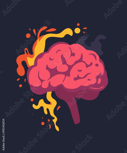 Brain inflammation. Mental health problems. Stressed brain in fire. Medical vector illustration