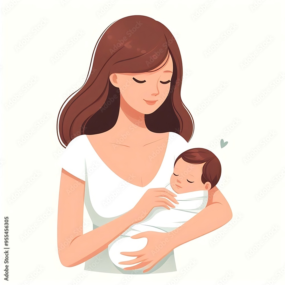 Mother holding newborn baby, flat style illustration, white background, isolated, pastel colors Mother holding newborn baby, flat style illustration, white background, isolated, pastel colors