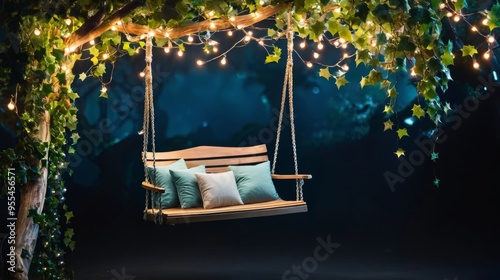 Wooden Swing Hanging From Tree Filled With Lights photo